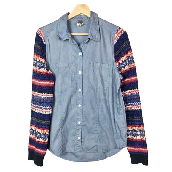 Free People We the Free Chambray Fair Isle Sweater Sleeve Button Down M - Picture 2 of 8